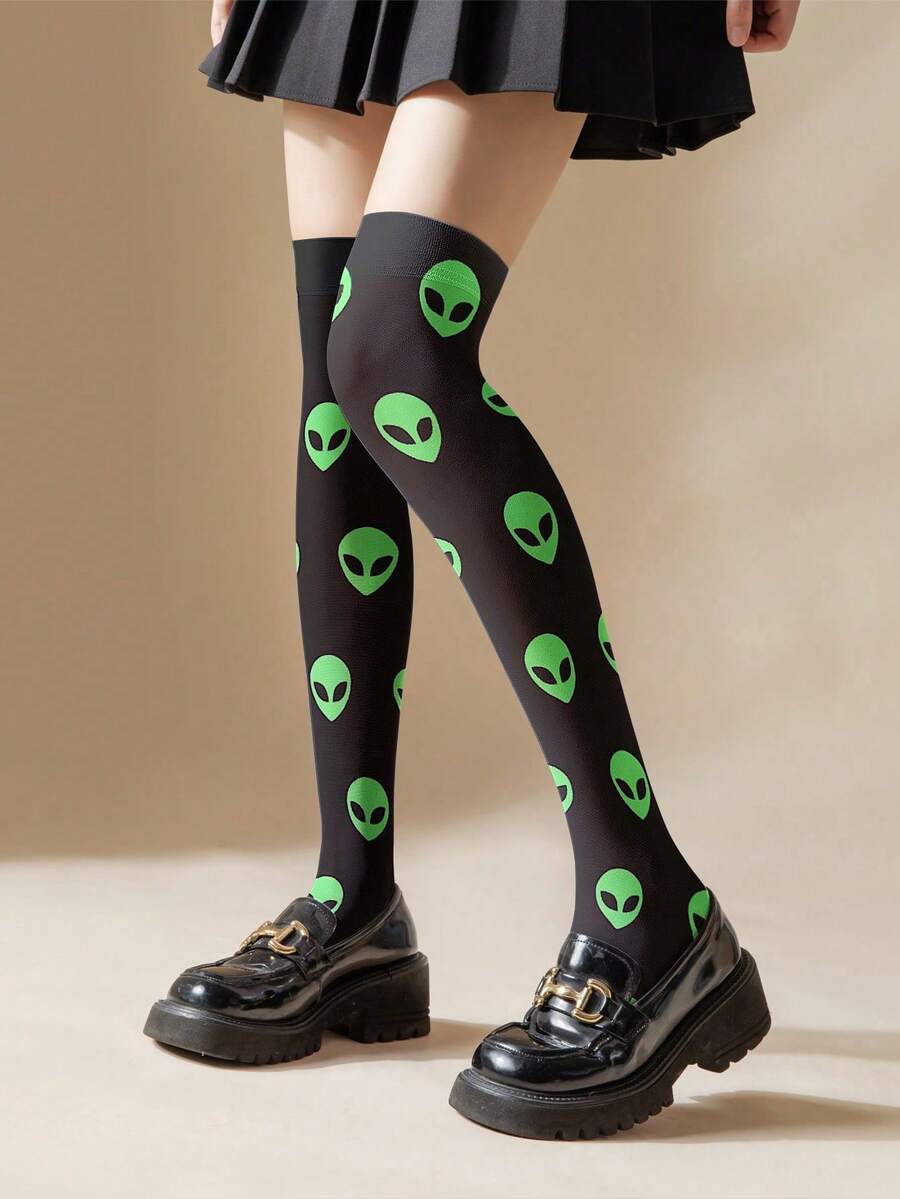 半双装薄款3D外星人印花连裤袜 - 独特创意设计，未来感十足 - 360度印花过膝袜 - 彩色 - 查看 1