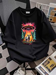 Maglietta da donna con stampa di UFO e mucca, maglietta divertente vintage vintage con alieni e paranormale, estetica oversize, maniche lunghe o corte - nero - Visualizzare 2