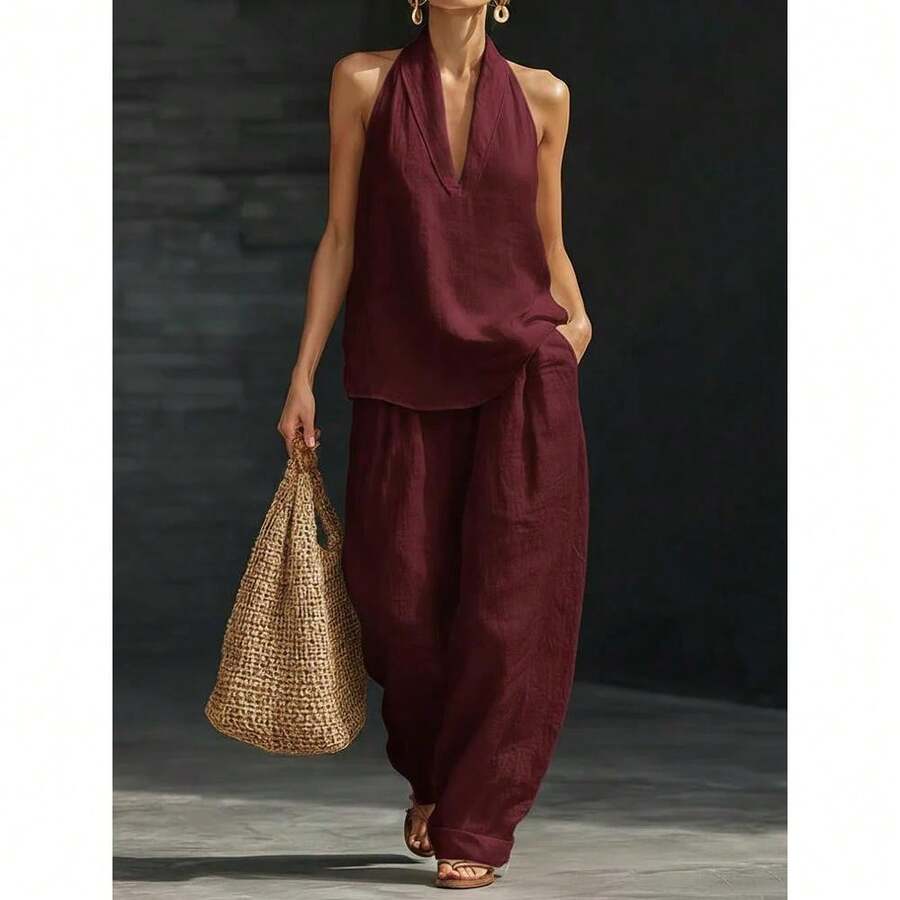 2026 Spring And Summer French Temperament Neck V-Neck Leaking Back Top, Cool Feeling Comfortable And Thin Wide-Leg Pants Set,Trajes Elegantes De Mujer,Conjunto De Dos Piezas Mujer - 酒紅色 - 查看 1