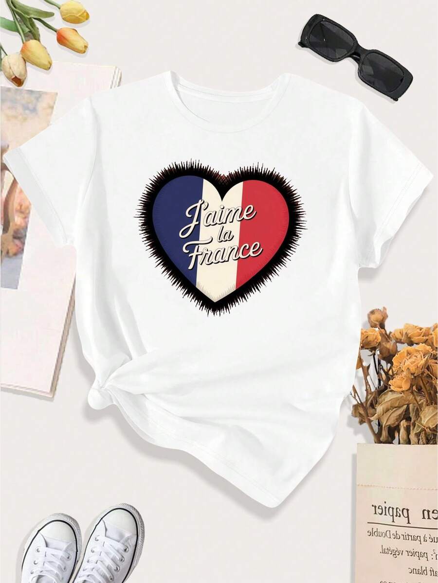 Camiseta de Mujer con Corazón Francés "Amo Francia" - Talla Grande, Diseño Casual con Colores de la Bandera Francesa (Rojo) - Tejido Suave y Elástico - Ropa para Uso Diario y Viajes en Cualquier Estación - [Blanco] - Ver 1