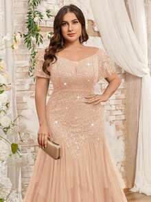 Plus Off Shoulder Ruffle Sleeve Sequin Floral Lace Contrast Mesh Ruffle Hem Evening Party Long Dress, Homecoming Dress, For Prom, Wedding Guest, Graduation - Rượu sâm banh - Xem 8