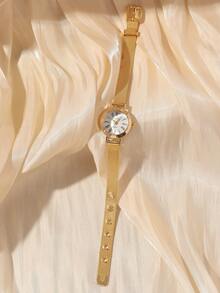 1件装时尚创意百搭小巧个性化女士石英表，圆形简约表盘，合金表带，适合姐妹、情侣、日常佩戴和节日礼物 - 金色 - 查看 7