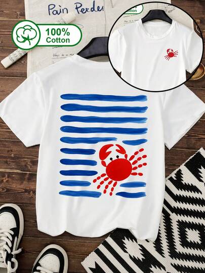 Women's Everyday Style, Striped Crab Double-Sided Print, 100% Cotton Crew Neck Short-Sleeved T-Shirt, Fashionable And Casual Vacation Style, Suitable For Spring And Summer Wear, Patterned Women's Top.