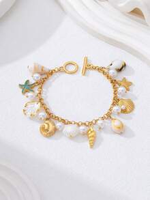 1 pieza Tobillera de estilo bohemio de playa con perlas falsas, conchas y estrellas de mar, adecuada para uso diario y vacaciones en la playa - Calcetín - Ver 5
