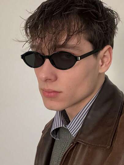 1 pieza Gafas de moda ovaladas para hombre, de unicolor, marco de policarbonato ligero y ajuste cómodo, lentes suaves con tinte, adecuadas para uso al aire libre y transporte, con estuche