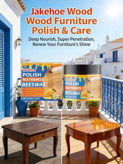 jakehoe 蜂蜡家具护理剂——这款蜂蜡家具护理剂专注于实木家具的日常全面保养。以天然蜂蜡为核心成分，它集清洁、保湿、抛光和护理功效于一体。它能温和渗透并滋养木纹，深层锁住水分以防止开裂，轻松去除表面灰尘和轻微污渍，快速提升家具的自然光泽，并恢复木材温暖柔和的质感。