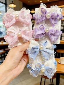 2 piezas Clips para el cabello con lazo y perla lindos para niñas, uso versátil diario, accesorios escolares, regalo para amigos - Multicolor - Ver 2