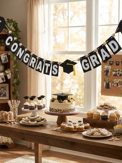 2026 Graduation Banner, Black And Gold Triangle Flags Printed With "Congratulations On Graduation", Decorated With Graduation Cap, Pre-Assembled High School/University Graduation Ceremony Party Supplies, Can Be Used As Photo Backdrop, Fireplace Decor, Wall Decor, 2026 Graduation Party Gifts And Decorations