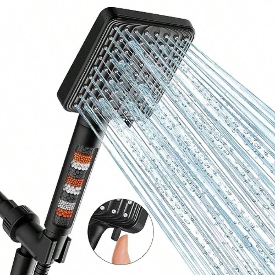MakeFit - Cabezal de ducha filtrado negro 6 modos cabezal de ducha de mano de alta presión con abalorio minerales juego de cabezal de ducha desmontable de mano con manguera de acero inoxidable y - 6 modos - Ver 1