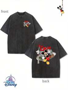 Disney Official Licensed Mickey Mouse Epcot Theme Park Double Sided Print T-Shirt, 220g Washed Oversized Short Sleeve Crew Neck Soft Breathable Streetwear Top Gift For Men Women Teens - 黑色 - 查看 1
