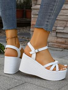 Women's Platform Thick Strap Wedge Sandals, Dark Fashionable,Summer Outfits - White - View 5