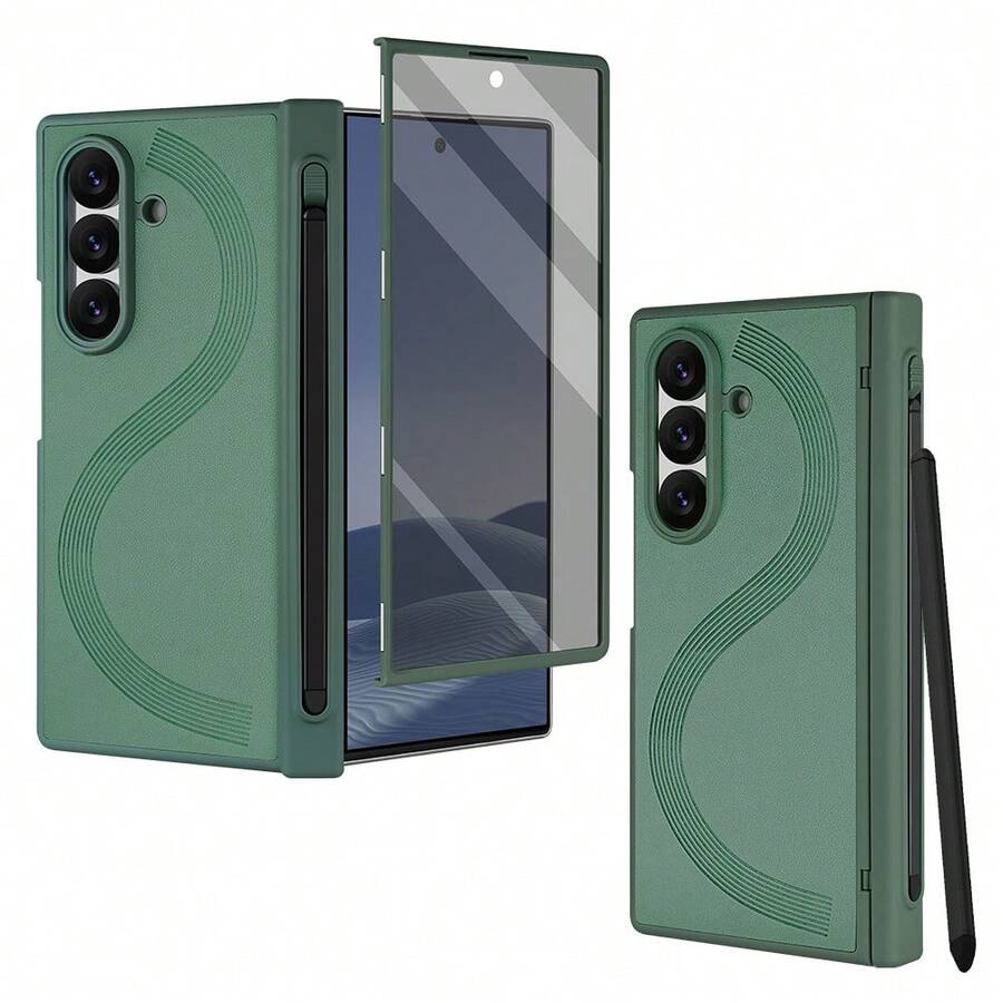 商务内置笔手机壳，兼容三星 Galaxy Fold7、Fold6、Fold5、Fold4、Fold 7/6/5/4，仿皮全包保护套 - 綠色 - 查看 1