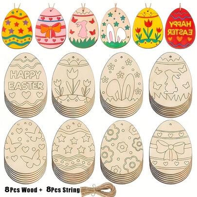 16/32 件装木制复活节彩蛋装饰品 – 空白木片形状，适用于 DIY 手工艺品，包含 8/16 英寸木片和 8/16 英寸绳子，复活节春季家居悬挂装饰品，是送给 DIY 爱好者和家人的理想复活节礼物