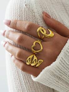 Frminee Set de 3 piezas/1 pieza de anillos geométricos de corazón grueso de acero inoxidable dorado, set de anillos apilables, joyería de declaración apilable, anillos de nudillo para mujer, adecuados para uso diario y vacaciones - Dorado - Ver 3