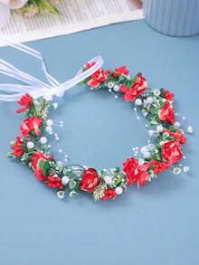 1pc Handmade Bride Red Flower Headband, Romantic Pink Princess Daisy Hair Accessory, Wedding Bridal Hair Decoration Gift - Red - View 4