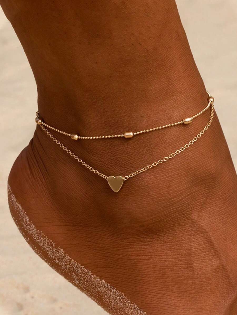 一套（2条）夏季简约心形脚链，百搭优雅 - 金色 - 查看 1