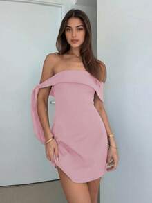 Đầm màu nâu kiểu dáng thanh lịch, trễ vai, eo cao, gợi cảm, phong cách thời trang Âu Mỹ, thích hợp cho tiệc tùng/hẹn hò, đầm mùa hè cho nữ. - Hồng - Xem 3