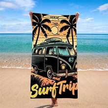 1pc Sun&Surf Retro Bus Beach Towel, American Surfing Style, Perfect For Travel And Photo Shooting - 58gh - View 1