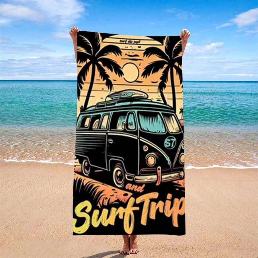 1pc Sun&Surf Retro Bus Beach Towel, American Surfing Style, Perfect For Travel And Photo Shooting - 58gh - View 1