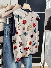 Pull léger créatif pour femmes - Imprimé insecte et fleur, débardeur décontracté à col rond, convient pour toutes les saisons, design superposé, combinaison de couleurs vibrantes pour les vacances - Nude - Voir 2