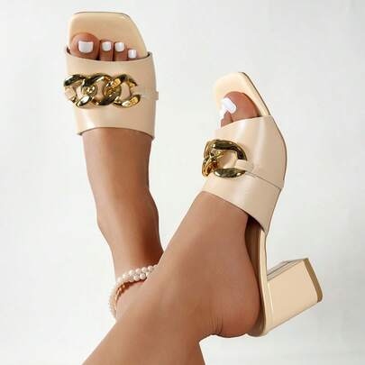 Sandalias de tacón grueso con punta cuadrada, sólidas, con cristales de estrás y diseño de cruce metálico, cómodas y estilizadoras para el lugar de trabajo