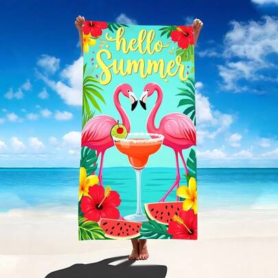 1pc Summer Flamingo Drink Themed Beach Towel, Super Soft Fiber Extra Large Beach Blanket, Super Absorbent Bath Towel, Suitable For Travel, Swimming Pool, Diving, Surfing, Yoga, Camping, Available In Multiple Sizes, Beach Accessories For Beach, Pool, Travel, Camping, Yoga