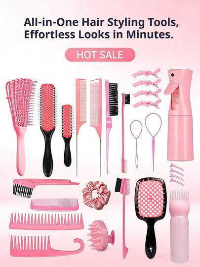 10 pièces Ensemble d'outils de coiffure roses pour femmes, peigne pliant + pince à cheveux + aiguille + brosse + peigne démêlant, matériau en plastique et nylon, qualité professionnelle de salon, style mignon kawaii, utilisation quotidienne et de voyage, cadeau pour les filles et les femmes, maison, école, bureau, Noël, anniversaire, Saint-Valentin, décoration de chambre à coucher, accessoires de voyage, kit d'outils pour cheveux
