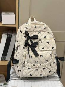 Large Capacity Corduroy Backpack With Bow Pattern, Korean Cute Style, Suitable For Women's Daily Commute And School Use - Multicolor - View 14
