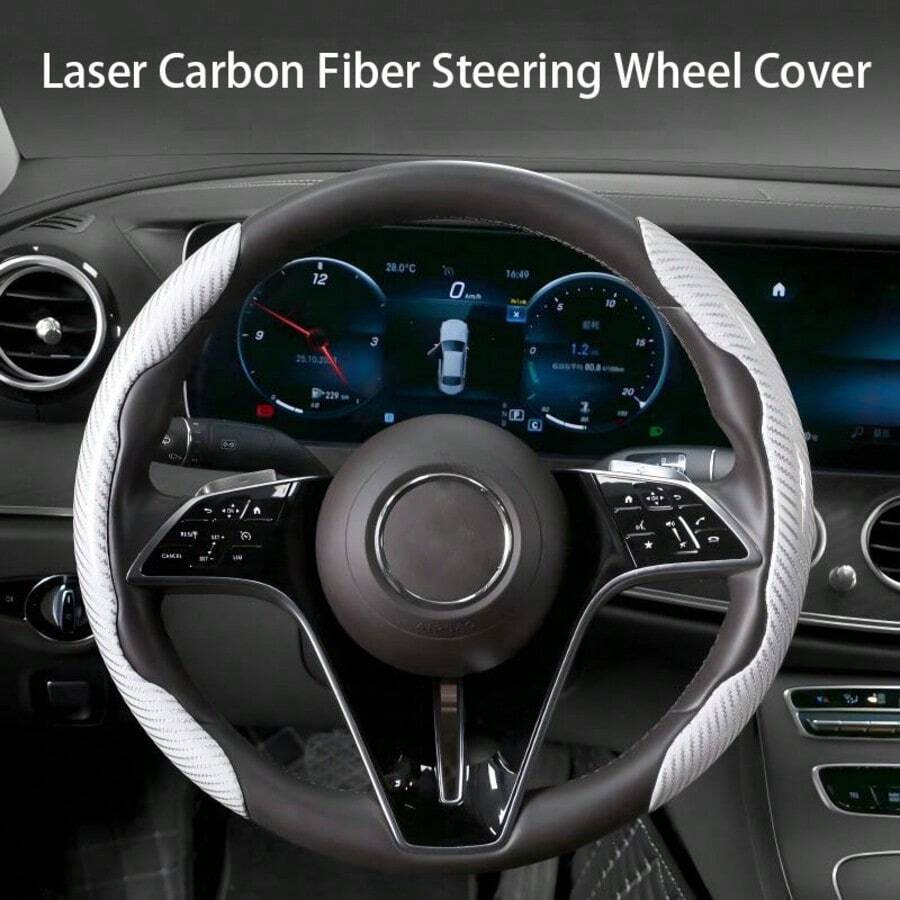 2 piezas Cubierta de volante de fibra de carbono brillante, transpirable y antideslizante, diseño delgado, ajuste , adecuado para todas las estaciones, unicolor con patrón a rayas, cubierta de volante universal para automóvil - Multicolor - Ver 1
