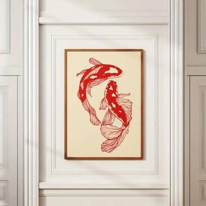 1 件，红色锦鲤鱼墙画，印刷品，复古印刷品，墙面壁画，时尚墙面壁画，美学墙面壁画，艺术印刷品，锦鲤印刷品，适用于客厅装饰，卧室装饰，无框