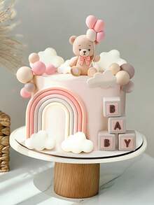 1个蓝色和粉色气球熊蛋糕装饰，无需用电，是生日派对、性别揭晓派对、婚礼的最佳选择 - 彩色 - 查看 1