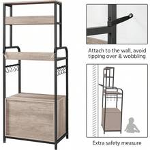 4-Tier Kitchen Bakers Rack With Storage Cabinet And Hutch, Microwave Oven Stand Coffee Bar Pantry Cabinet With 8 S Hooks, Freestanding Kitchen Shelves Spice Rack, Gray - Default - View 6