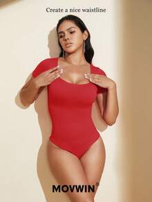 1pc Women's Solid Color Shapewear Jumpsuit, Tummy Control Slimming Jumpsuit, Waist Shaping Jumpsuit - Red - View 7