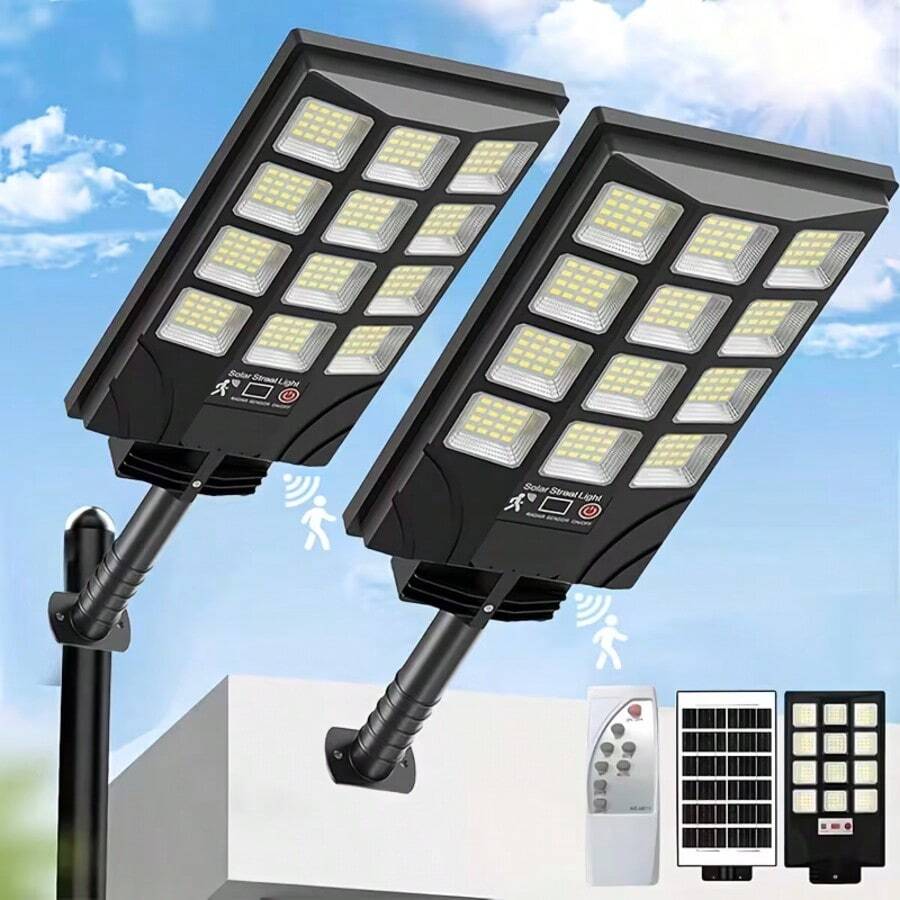 4-Pack/2-Pack Solar Street Light Outdoor With 400 LED Beads, Waterproof Induction Solar Floodlight With Remote Control, Dusk To Dawn Commercial Area Lighting Suitable For Outdoor Parking Lots, Courtyard Parks, Streets - 2-pack uppgradering - Visa 1
