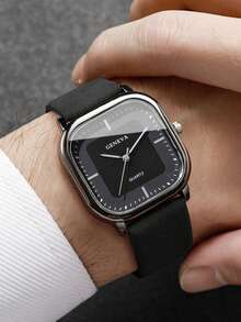 4PCS Simple Casual Men's Quartz Watch, Fashionable And Minimalist Men's Black Watch Accessory Set. Includes A Square Dial Black Leather Strap Watch, Geometric Pendant Necklace, Ring, And Chunky Chain Bracelet. - Black - View 2