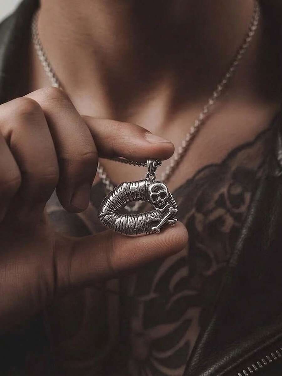 1件独特的骷髅头骨唇形项链，复古风格金属银色男士吊坠项链，适合派对、聚会、万圣节舞会等场合。 - 銀色 - 查看 1