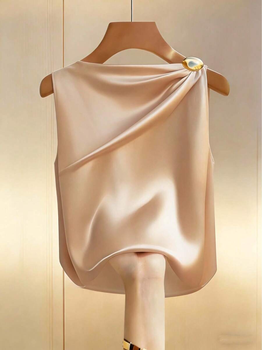 Vuslat 女士夏季梭织柔软缎面休闲通勤风翻领纯色褶裥不对称金属纽扣衬衫，适合情人节、工作通勤、商务会议、度假、狂欢节等场合。 - 香檳色 - 查看 1