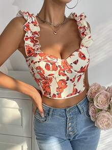 Áo corset dây bèo nhún in hoa màu cam - trái cam - Xem 6