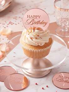 10pcs Rose Gold Mirror Acrylic Cupcake Toppers, Happy Birthday Cake Plate Decorations, Round Birthday Party Dessert Baking Cake Decor - Rose Gold - View 3