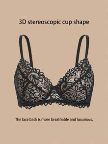 性感无钢圈蕾丝文胸，浪漫法式聚拢提拉无缝迷人吊带文胸，柔软透气 - 黑色 - 查看 5