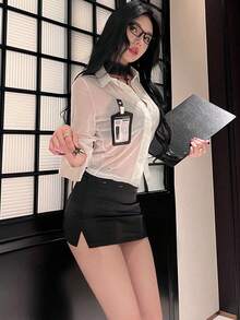 1 Áo + 1 Chân váy + 1 Áo giáp ngực, Bộ đồ lót thư ký công sở gợi cảm, xuyên thấu, ôm sát cơ thể, váy dạ hội, bộ đồ lót giáo viên hoàng gia ngây thơ. - trắng - Xem 4