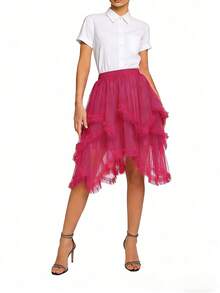 Falda asimétrica con volantes de malla, falda corta de tul de cintura alta tipo pastel de hada para mujer, nuevo diseño de verano primavera - Rosa Fucsia - Ver 4