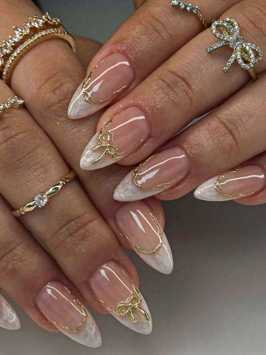 24 piezas Juego de uñas postizas de forma de almendra media francesa, incluye 1 esmalte de gel y 1 lima de uñas, fácil de usar pegatinas de manicura francesa diaria - Albaricoque - Ver 1