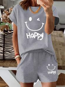 NUDEA 2025 Summer New Style, Featuring A Smiling Face And The Word 'Happy', This Casual Printed Short-Sleeve Top Comes With Elastic Waist Pocket Shorts For Women, A Two-Piece Set Summer Clothes  Two Piece Set Women - Màu Xám nhạt - Xem 6