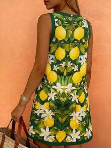Women's Casual Vacation Seahorse & Lemon Fruit Print Sleeveless Slip Dress, Spring/Summer - Multicolor - View 5