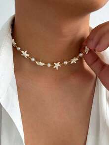 1pc Bohemian Style Starfish & Pearl Necklace, Retro Fashion Beaded Necklace For Men - 多色的 - 查看 4