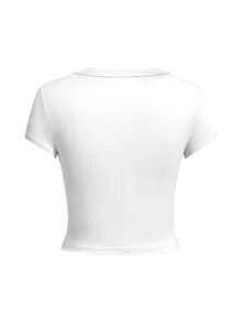 Camiseta de mujer de cuello redondo y manga corta, nueva estampado de letras para el verano, moda estadounidense versátil de ajuste ceñido y corta, blanca casual - Blanco - Ver 4