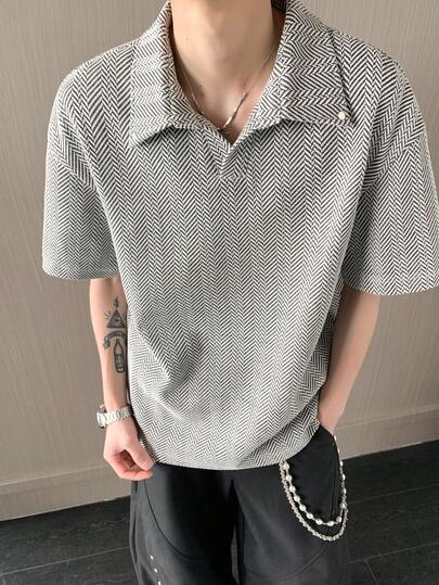 1pc Blueprint Man Men's Polo Shirt, Gray & White Herringbone Texture Collar Polo Shirt, Heavy-Duty Crisp Anti-Wrinkle Knit Fabric, Breathable & Comfortable, No Pilling, Mature Gentleman Style Casual Wear, Suitable For Daily, Commute, Outing, Dating