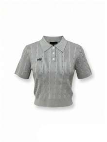 Summer New Polo Collar Knit Sweater, Short Sleeve T-Shirt, Women Pullover - Grey - View 9