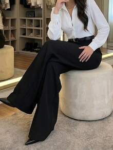 (Without Belt) Black High Waist Pleated Wide Leg Pants, Women's Business Casual Trousers For Workplace Spring - Black - View 4
